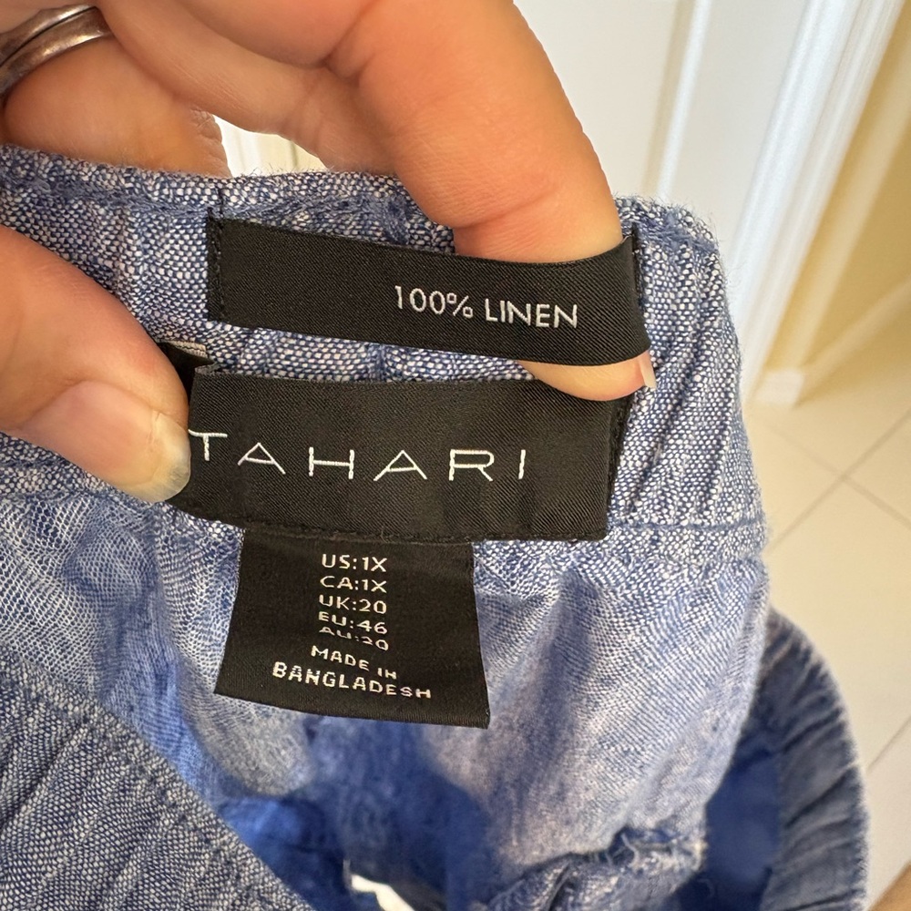 Tahari 1X 100% Linen Pull On Shorts Blue Elastic Waist Drawstring Lightweight - Picture 2 of 4